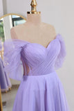 Shiny Tulle Off the Shoulder Light Blue Tea Length Prom Dress