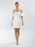 Short Satin White Wedding Dress Strapless Off the Shoulder