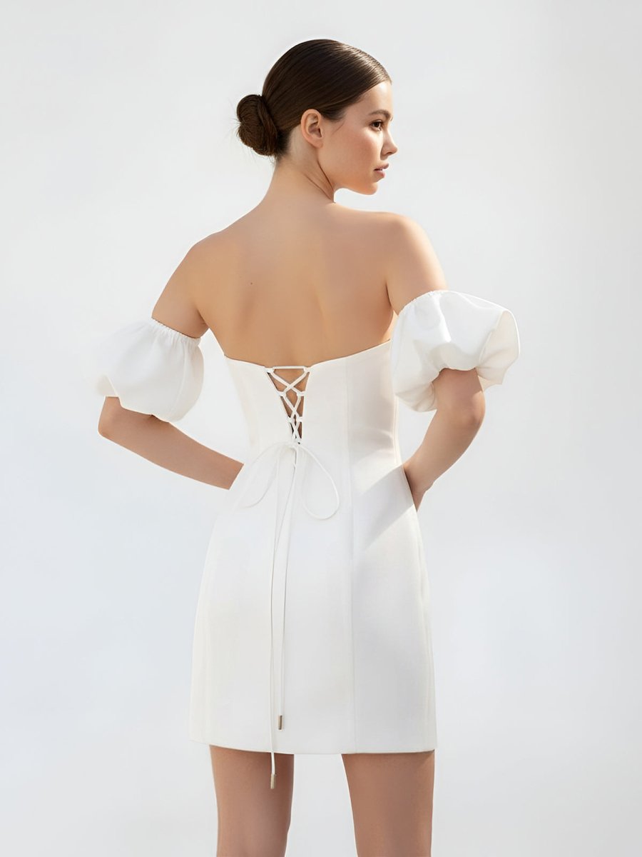 Short Satin White Wedding Dress Strapless Off the Shoulder