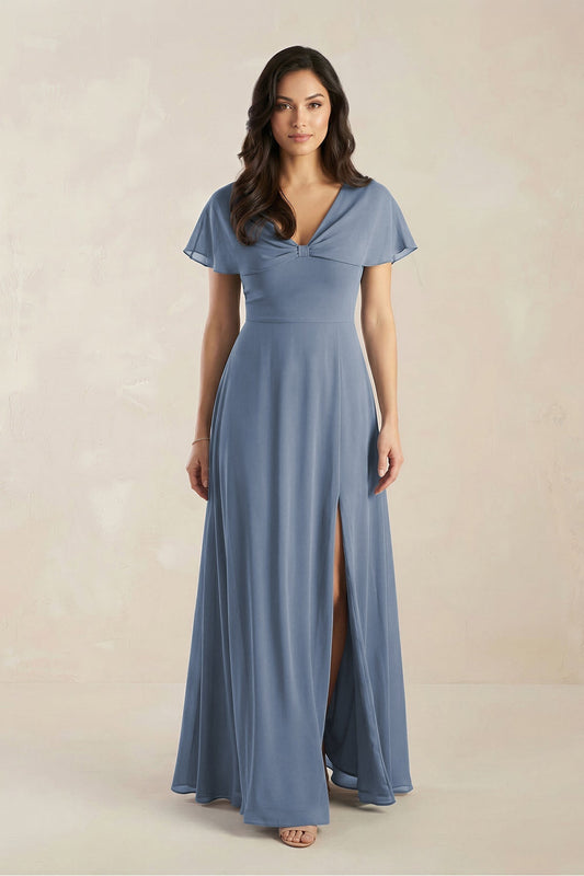 A-Line Short Sleeve Chiffon V-Neck Bridesmaid Dress in Neptune