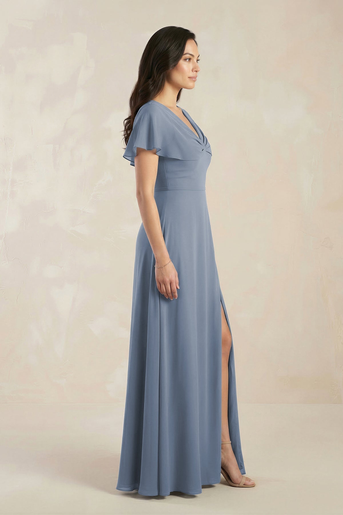 A-Line Short Sleeve Chiffon V-Neck Bridesmaid Dress in Neptune