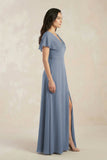 A-Line Short Sleeve Chiffon V-Neck Bridesmaid Dress in Neptune