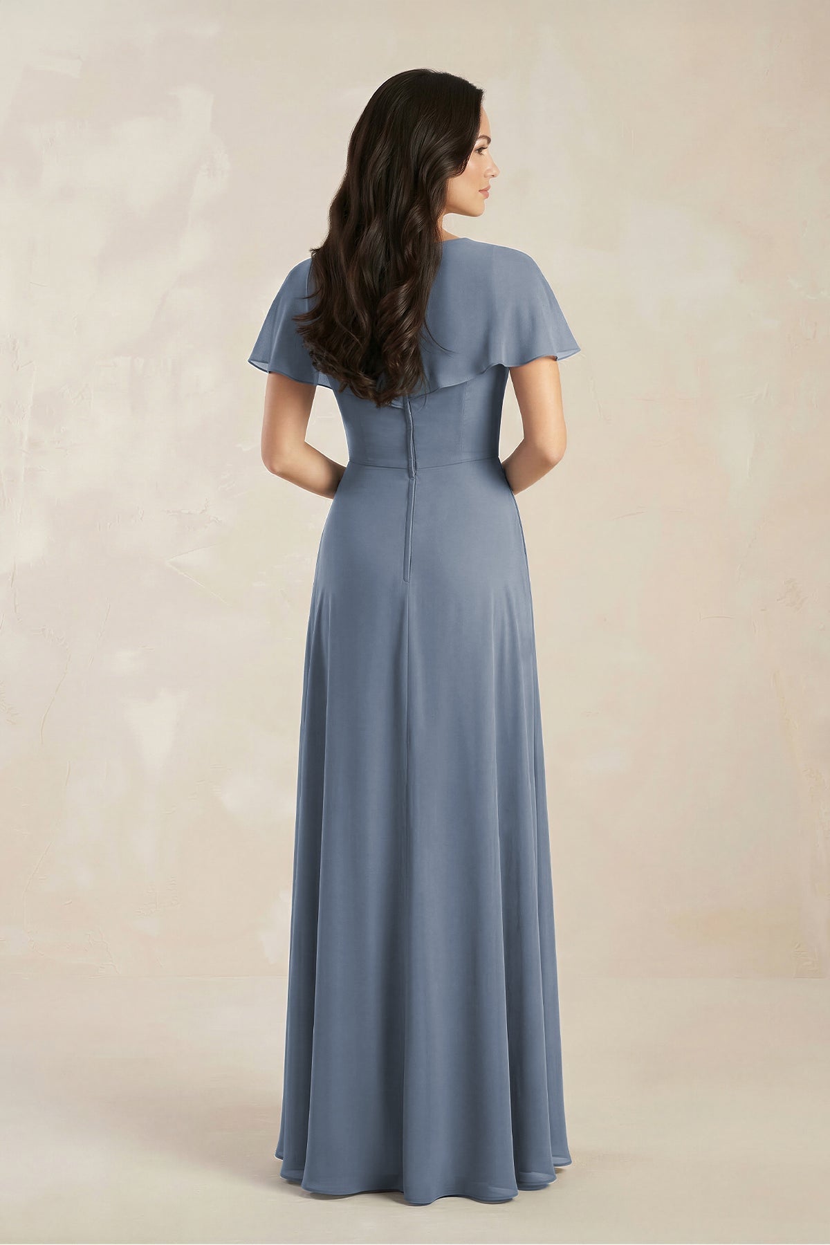 A-Line Short Sleeve Chiffon V-Neck Bridesmaid Dress in Neptune