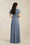 A-Line Short Sleeve Chiffon V-Neck Bridesmaid Dress in Neptune