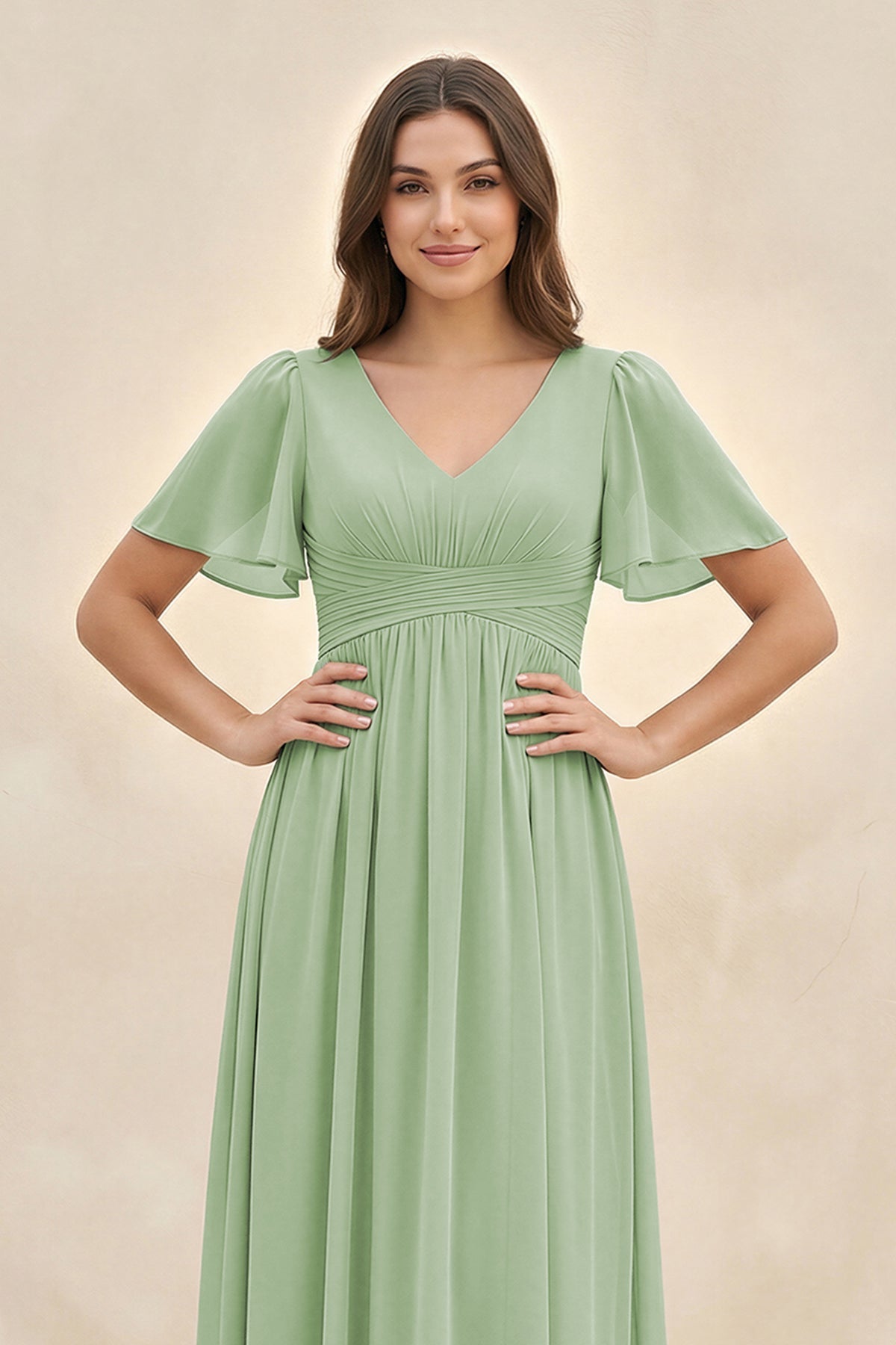 Short Sleeve Chiffon V-Neck A-Line Bridesmaid Dress in Sage