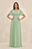 Short Sleeve Chiffon V-Neck A-Line Bridesmaid Dress in Sage