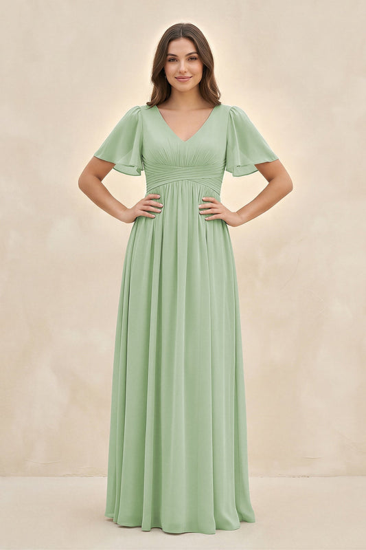 Short Sleeve Chiffon V-Neck A-Line Bridesmaid Dress in Sage