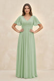 Short Sleeve Chiffon V-Neck A-Line Bridesmaid Dress in Sage