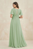 Short Sleeve Chiffon V-Neck A-Line Bridesmaid Dress in Sage