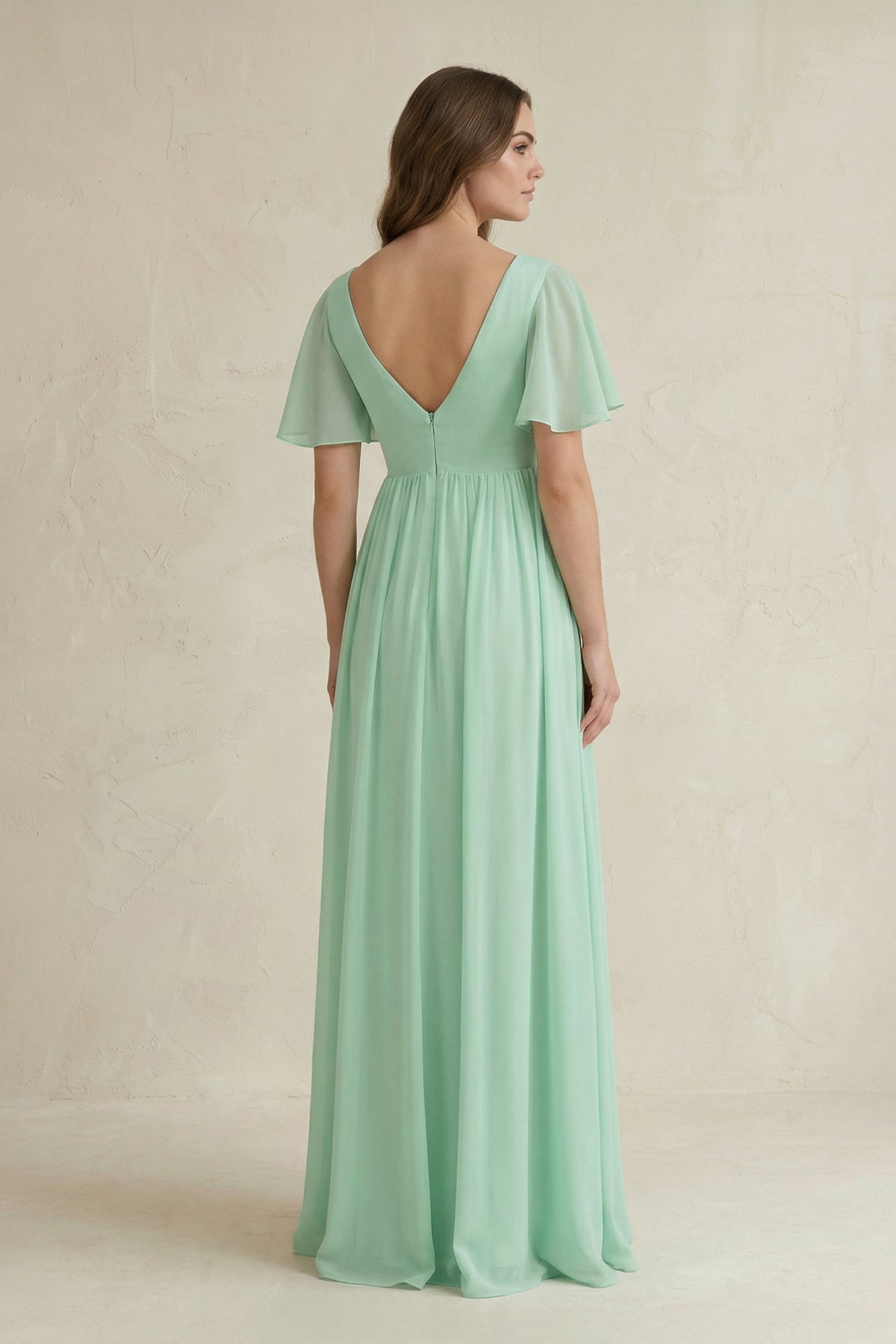 Short Sleeve V-Neck A-Line Chiffon Bridesmaid Dress in Pale Pistachio