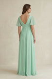 Short Sleeve V-Neck A-Line Chiffon Bridesmaid Dress in Pale Pistachio