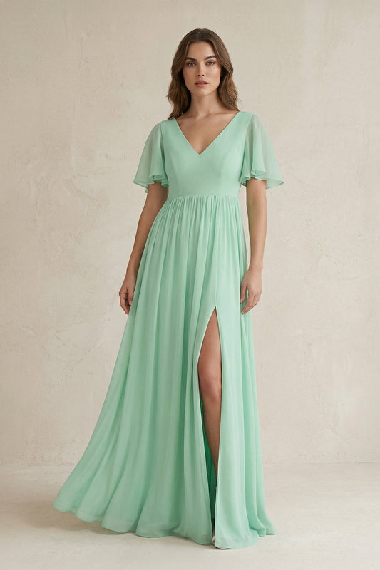 Short Sleeve V-Neck A-Line Chiffon Bridesmaid Dress in Pale Pistachio