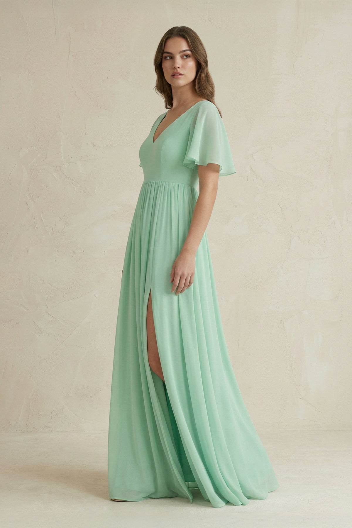 Short Sleeve V-Neck A-Line Chiffon Bridesmaid Dress in Pale Pistachio