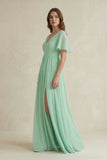 Short Sleeve V-Neck A-Line Chiffon Bridesmaid Dress in Pale Pistachio