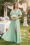 Short Sleeve V-Neck A-Line Chiffon Bridesmaid Dress in Pale Pistachio