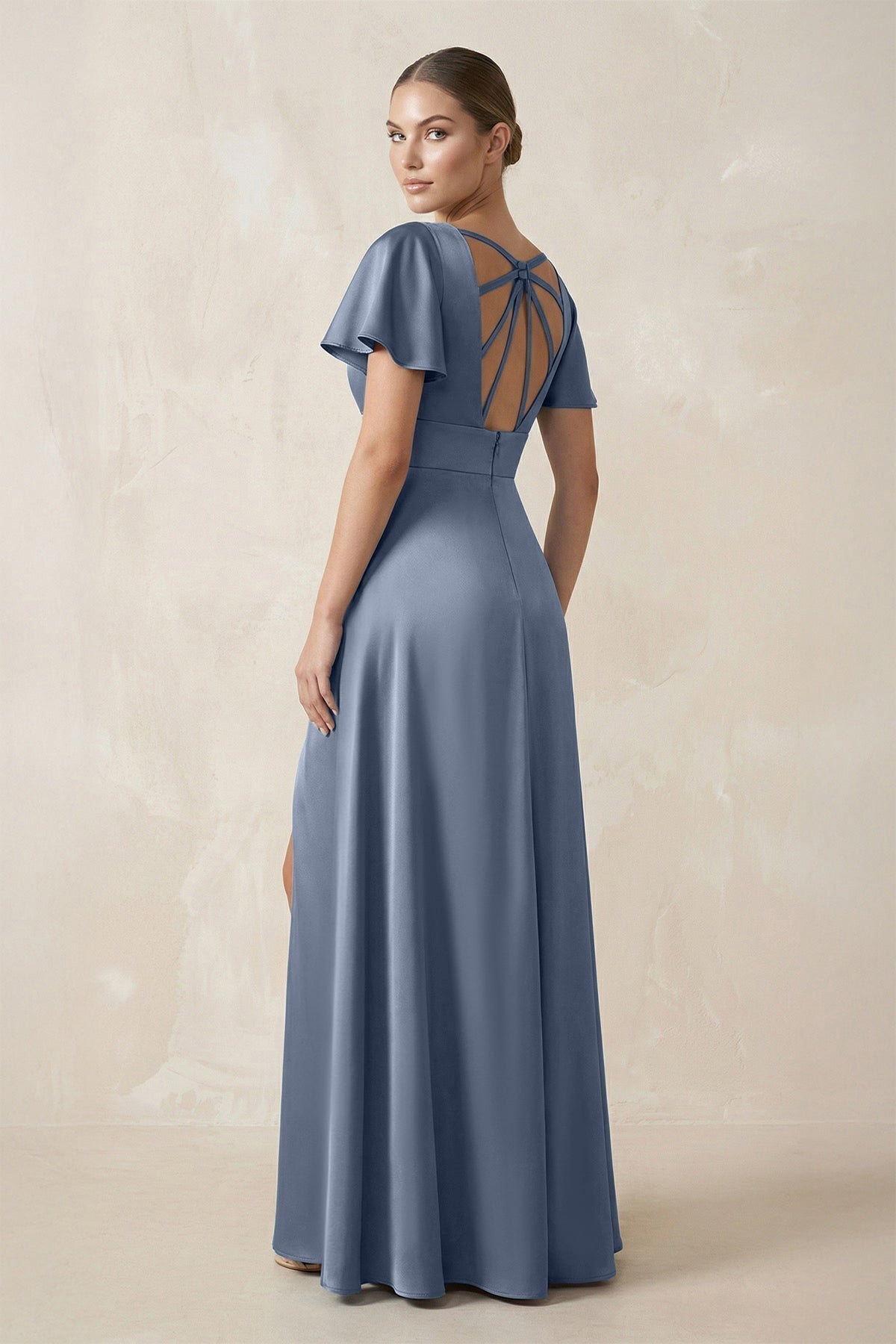 Short Sleeve V-Neck A-Line Satin Bridesmaid Dress With Slit in Neptune