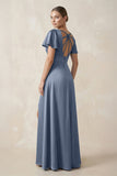 Short Sleeve V-Neck A-Line Satin Bridesmaid Dress With Slit in Neptune