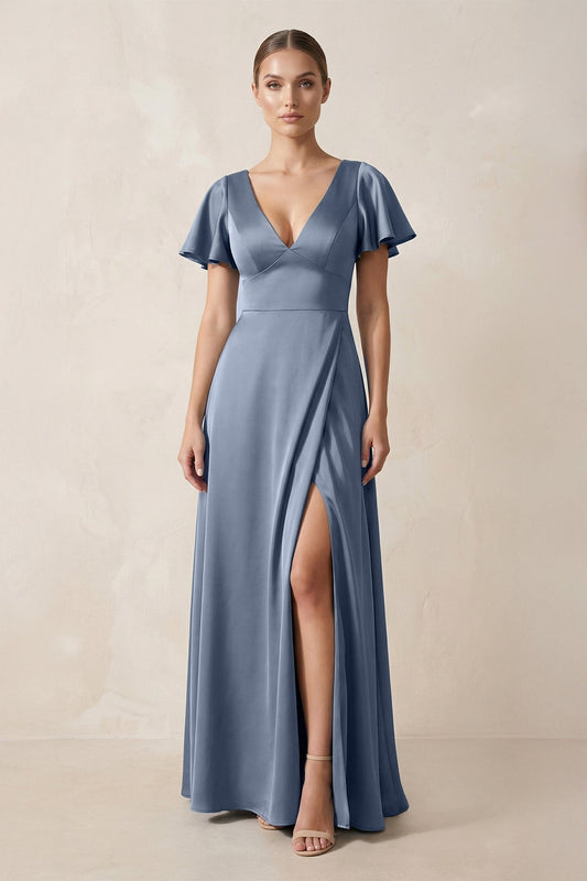 Short Sleeve V-Neck A-Line Satin Bridesmaid Dress With Slit in Neptune