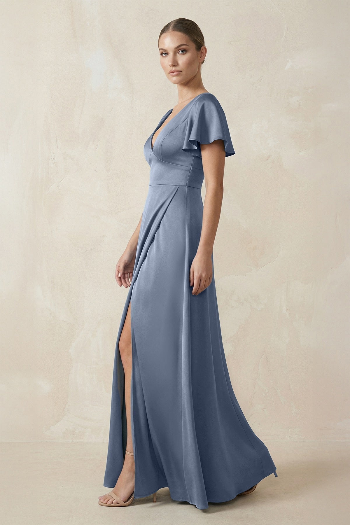 Short Sleeve V-Neck A-Line Satin Bridesmaid Dress With Slit in Neptune