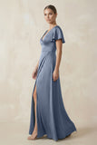 Short Sleeve V-Neck A-Line Satin Bridesmaid Dress With Slit in Neptune