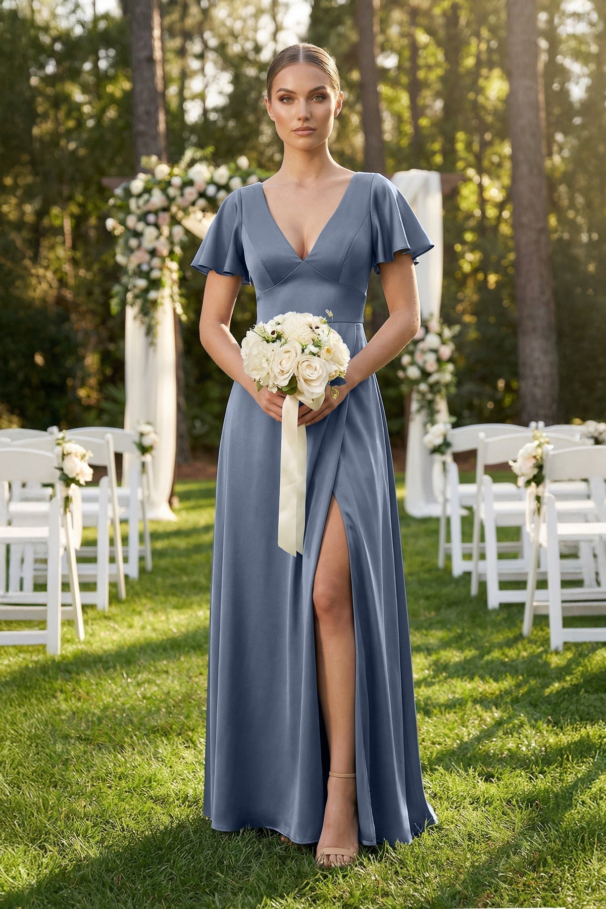 Short Sleeve V-Neck A-Line Satin Bridesmaid Dress With Slit in Neptune
