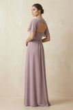 Short Sleeve V-Neck Chiffon A-Line Bridesmaid Dress in Dusk