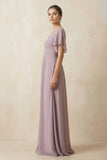 Short Sleeve V-Neck Chiffon A-Line Bridesmaid Dress in Dusk