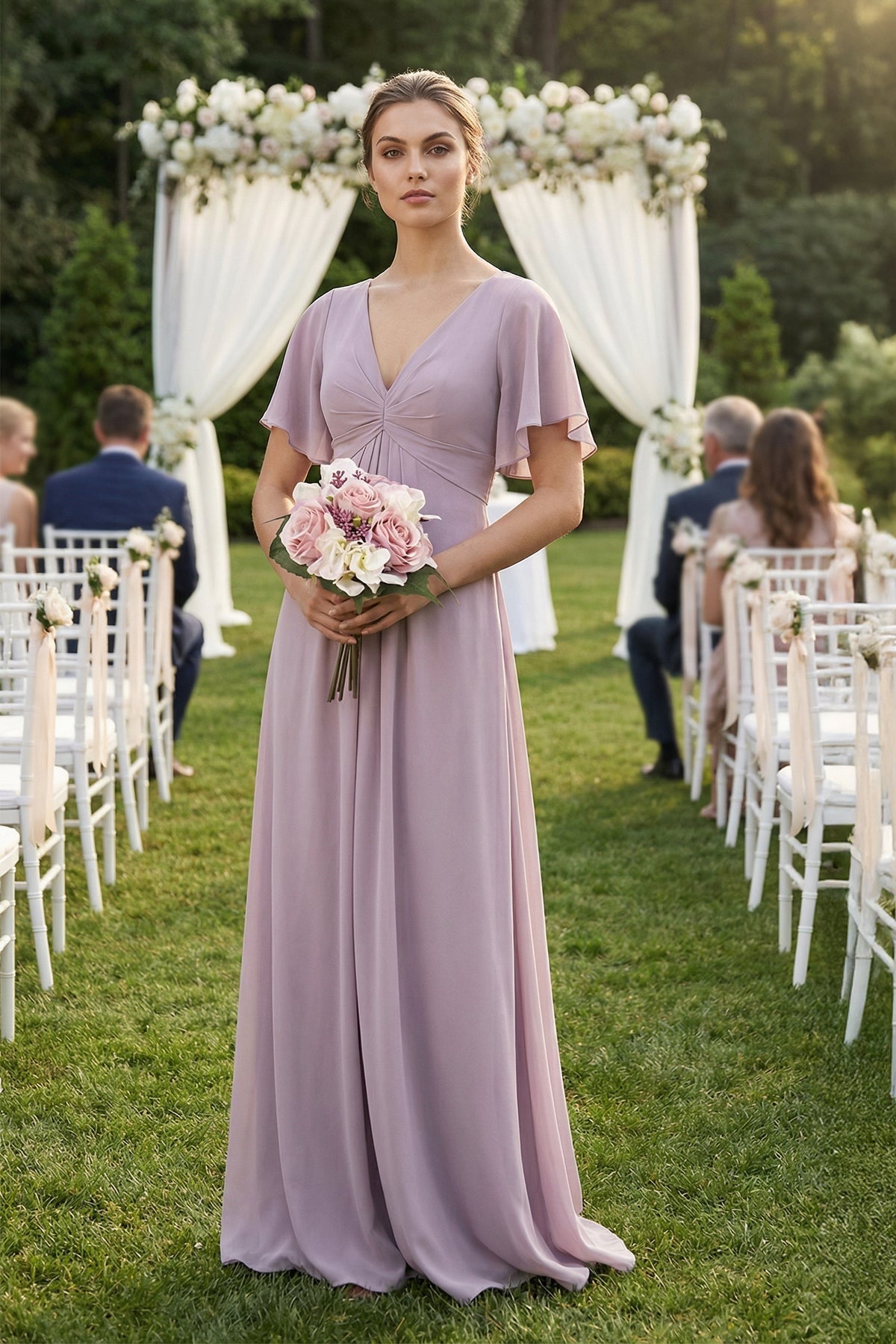 Short Sleeve V-Neck Chiffon A-Line Bridesmaid Dress in Dusk