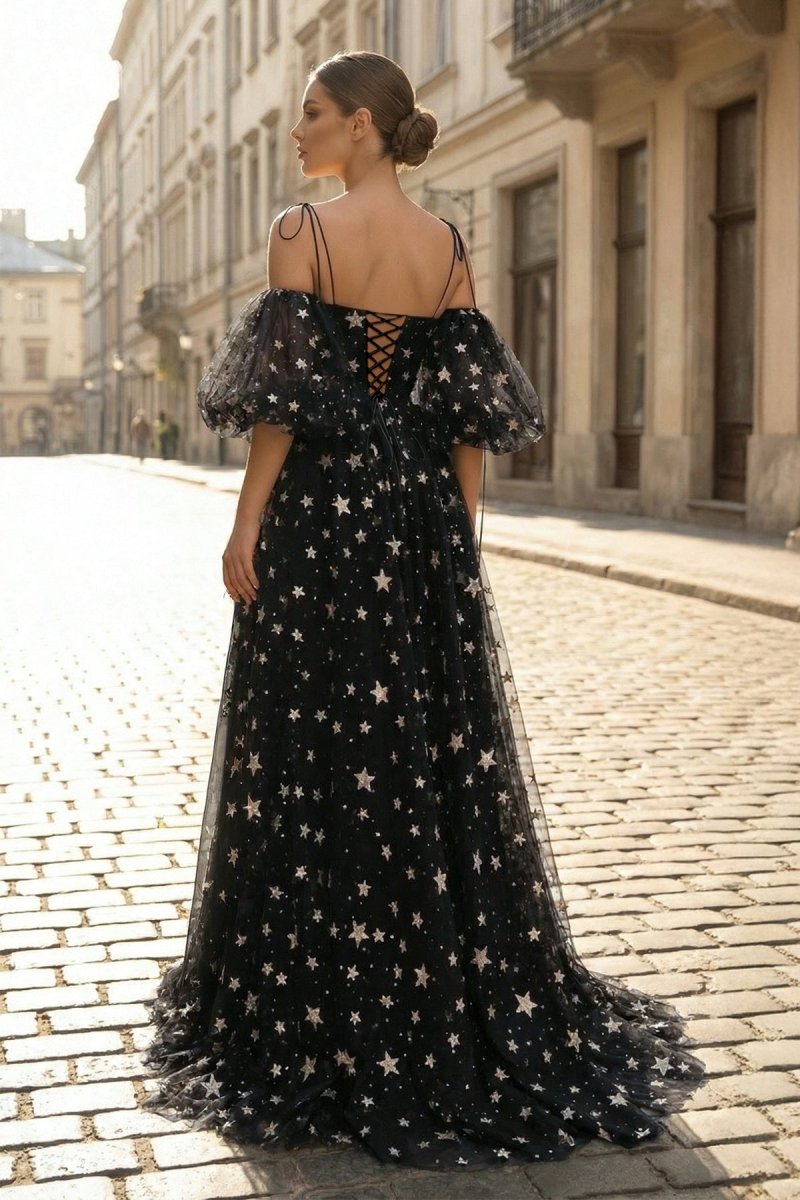 Side Slit Black Prom Dress with Stars