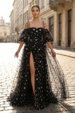 Side Slit Black Prom Dress with Stars