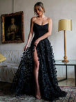A-Line Strapless 3D Flowers Black Long Prom Dresses with Slit
