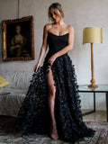 A-Line Strapless 3D Flowers Black Long Prom Dresses with Slit