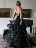 A-Line Strapless 3D Flowers Black Long Prom Dresses with Slit