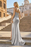 Coral Pink Mermaid Strapless Beaded Satin Long Prom Dresses With Slit