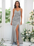 Sheath/Column Silk like Satin Ruched Spaghetti Straps Sleeveless Sweep/Brush Train Bridesmaid Dresses Evening Dress