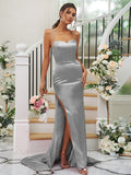 Sheath/Column Silk like Satin Ruched Square Sleeveless Sweep/Brush Train Bridesmaid Dresses Evening Dress