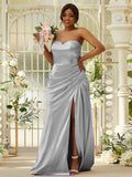 Sheath/Column Silk like Satin Ruched Sweetheart Sleeveless Sweep/Brush Train Bridesmaid Dresses Evening Dress