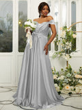 A-Line/Princess Silk like Satin Ruffles Off-the-Shoulder Sleeveless Sweep/Brush Train Bridesmaid Dresses Evening Dress