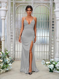 Sheath/Column Silk like Satin Ruched V-neck Sleeveless Sweep/Brush Train Bridesmaid Dresses Evening Dress