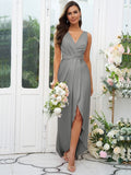 A-Line/Princess Charmeuse Ruched V-neck Sleeveless Sweep/Brush Train Bridesmaid Dresses Evening Dress