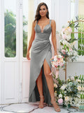 Sheath/Column Charmeuse Ruched V-neck Sleeveless Floor-Length Bridesmaid Dresses Evening Dress