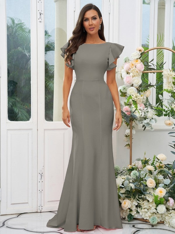 Sheath/Column Stretch Crepe Ruffles Scoop Short Sleeves Sweep/Brush Train Bridesmaid Dresses Evening Dress