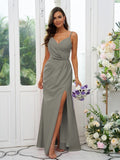 A-Line/Princess Stretch Crepe Ruched V-neck Sleeveless Floor-Length Bridesmaid Dresses Evening Dress