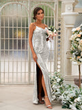 Sheath/Column Sequins Ruched Spaghetti Straps Sleeveless Floor-Length Bridesmaid Dresses Evening Dress