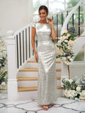 Sheath/Column Sequins Ruched Scoop Short Sleeves Floor-Length Bridesmaid Dresses Evening Dress