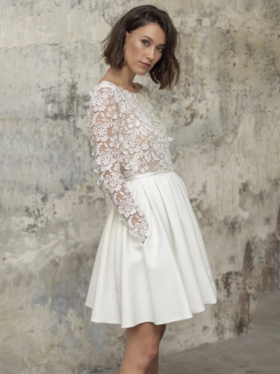 Simple A Line Short Knee-length Satin Lace Bateau Long Sleeve Wedding Dress