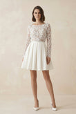 Simple A Line Short Knee-length Satin Lace Bateau Long Sleeve Wedding Dress