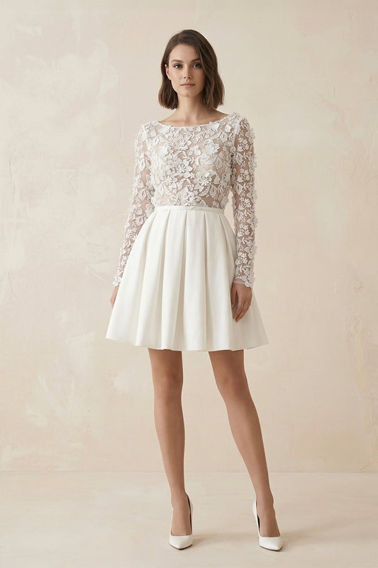 Simple A Line Short Knee-length Satin Lace Bateau Long Sleeve Wedding Dress