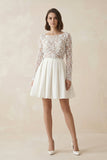 Simple A Line Short Knee-length Satin Lace Bateau Long Sleeve Wedding Dress