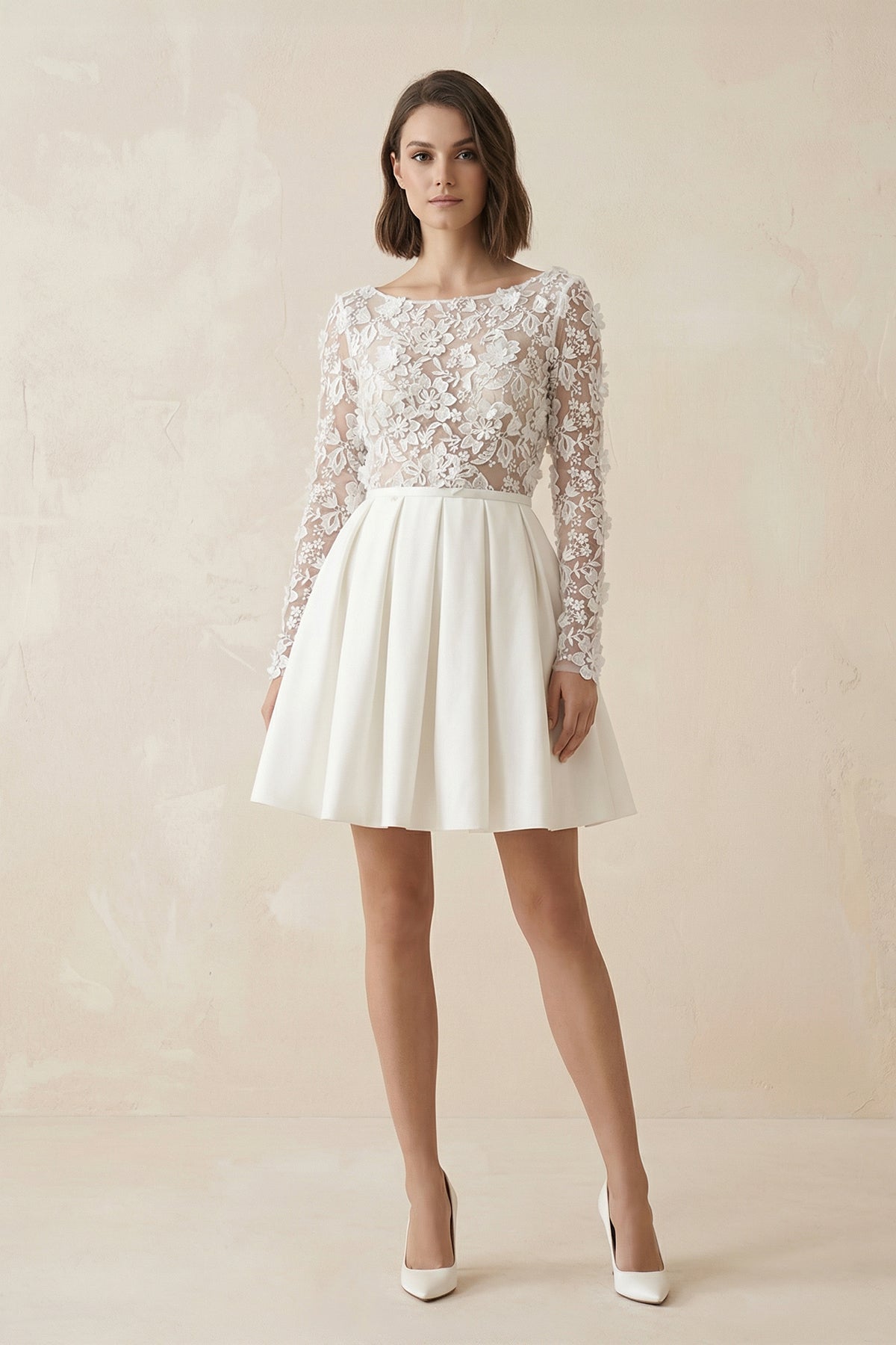 Simple A Line Short Knee-length Satin Lace Bateau Long Sleeve Wedding Dress